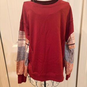 Burgundy Patchwork Sleeve Sweatshirt